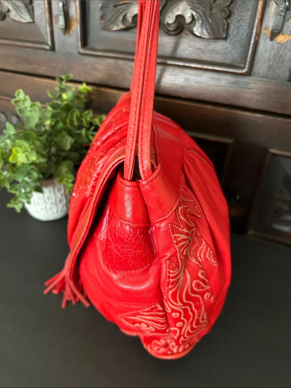 Viva of California Vintage Red Leather Fringe Shoulder Bag with Embossed Detail